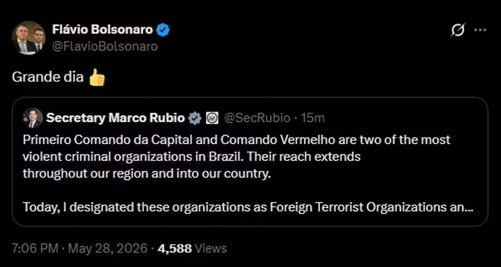 'Grande dia', diz Flávio Bolsonaro após decisão dos EUA sobre facções 